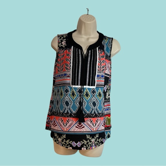 rxb Multi-Color Print Sleeveless V Neck Top with Tassel Ties Size Small - Picture 1 of 8